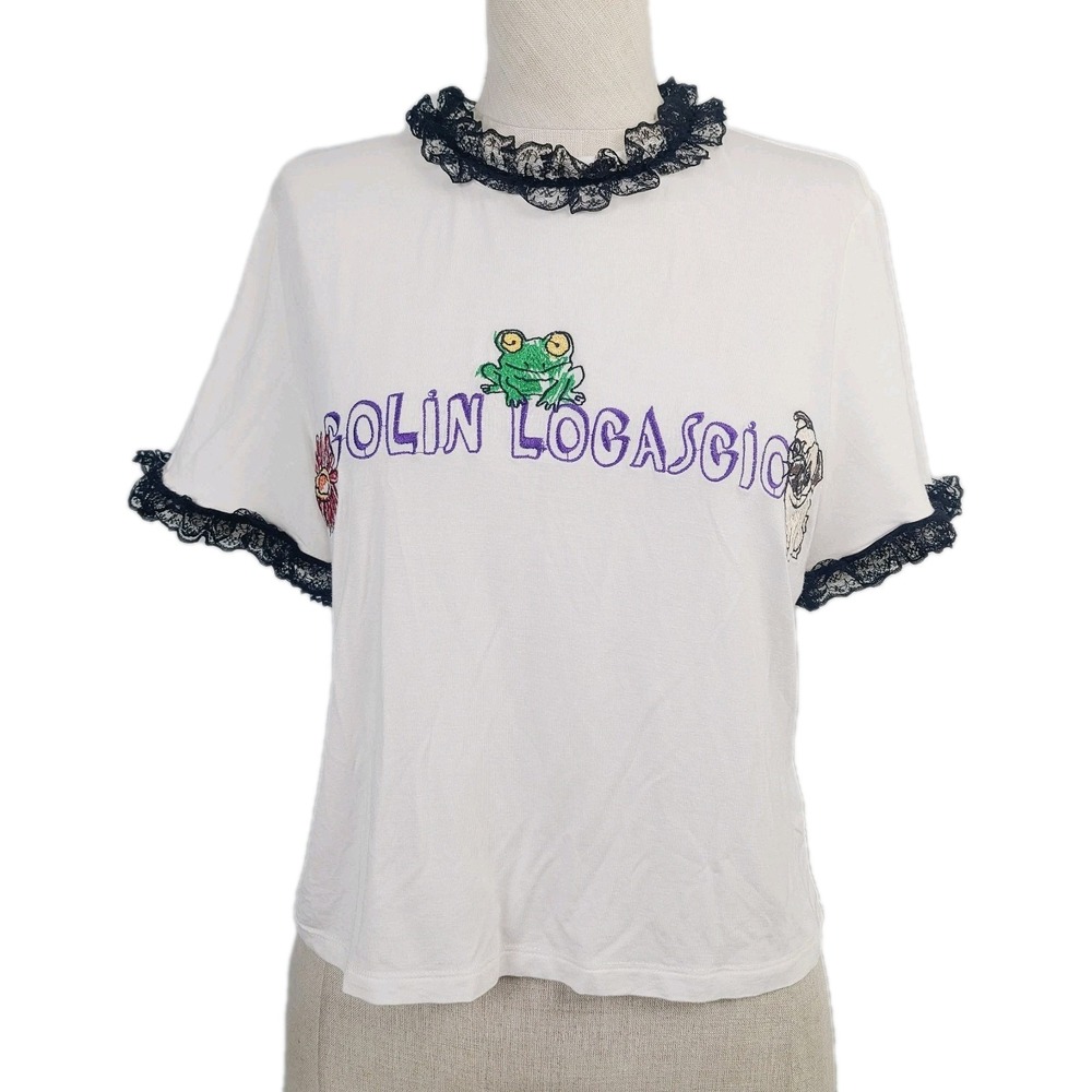 Colin Locasio White Tee Black Lace Trim Embroidered Frog Pug Crop Top S Y2K